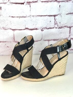 BANANA REPUBLIC TECLA Black Canvas Sz 9 Espadrille Wedge Crossover Ankle Strap